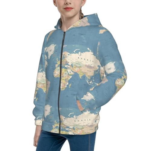 World Map1 Kid Hoodies Boys Zip Up Sweatshirts Girls Pullover with Pocket