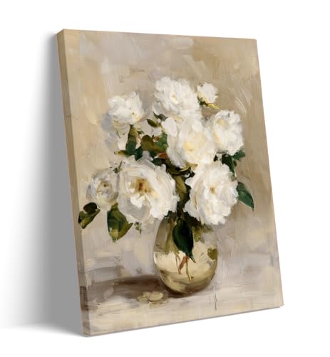 Easter White Floral Canvas Wall Art Neutral Peony Bouquet Print,