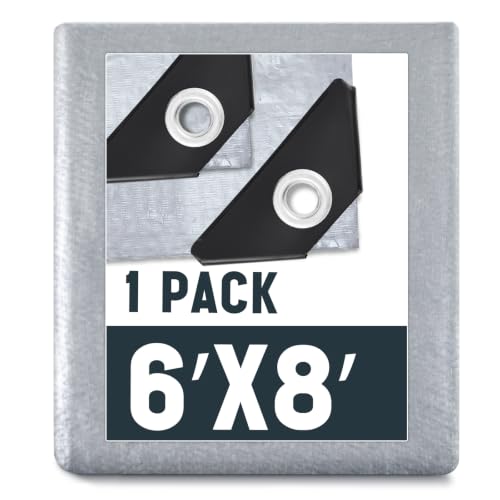 Image of 1 Pack Silver Tarps 6 x 8 ft, 5.5 Mil Waterproof Reflective Tarps, UV Resistant Sun Shade Tarp, Heavy Duty Roof Tarp for Roof Protection, Boat Cover, Rv Cover, Cars, Patio Furniture, Camping