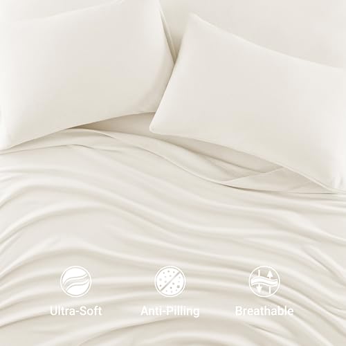 Image of True North by Sleep Philosophy Micro Fleece Bed Sheet Set, Warm, Sheets with 14 inch Deep Pocket, for Cold Season Cozy Sheet-Set, Matching Pillow Case, King, Ivory, 4 Piece