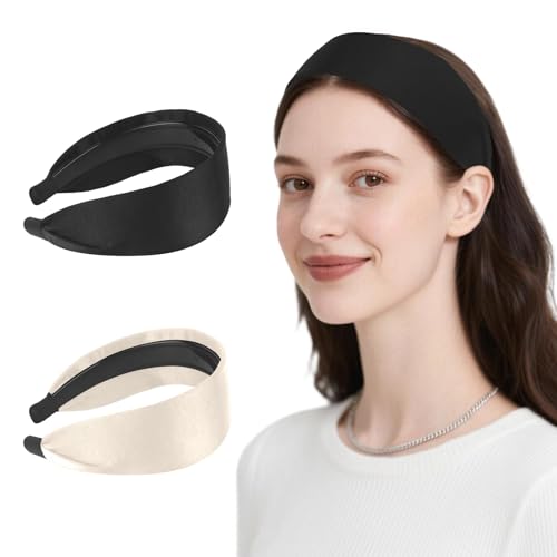 Esitrormi 2 Pcs Satin Headbands for Women, 6cm Wide Non-Slip Hair Bands, Women's Soft Fashion Hair Accessories for Daily Use