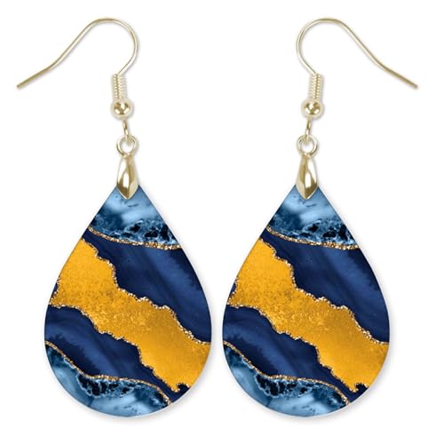 Blue and Yellow Earrings for Women with Gold Dangle Dangling Drop Jewelry Printed MDF Wood Teardrop Double Side Print Handmade by The Painted Pug (Blue & Mustard)