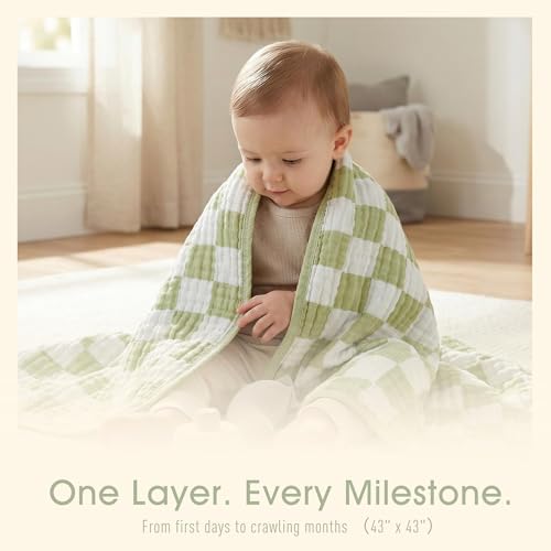 Image of 6-Layer Muslin Baby Blanket Made with Organic Cotton - Classic Neutral Checkered, Swaddle & Crib Quilt, 43 inchx43 inch, Warm Sage Green Checkered