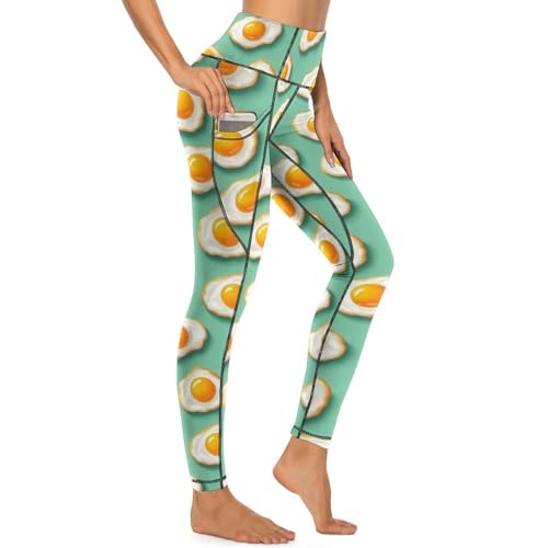 Nevjipu Pantalon de yoga avec poches pour entraînement des femmes – Legging de sport avec imprimé œuf de dessin animé vif pour femme
