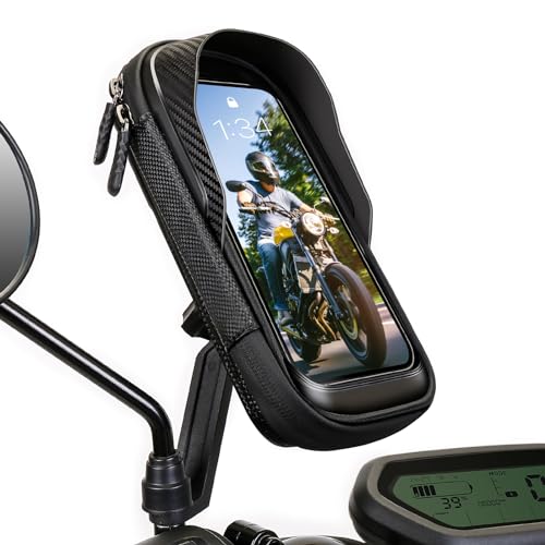 TEUEN Waterproof Motorcycle Phone Mount 360° Rotation Motorcycle Rearview Mirror Phone Holder Anti-Shake Large Capacity Motorcycle Cell Phone Holder with Sun Visor and TPU Touch Screen