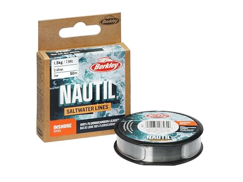 Berkley Nautil Inshore Fluorocarbon | Wytrzymały i odporny na ścieranie przypon wędkarski | Linka fluorocarbonowa do wody słonej i słodkiej z łatwą w użyciu szpulą | 0,22 mm | 3,5 kg | 50 m