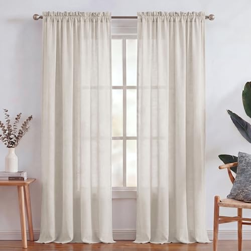 Turquoize White Linen Sheer Curtains Natural Linen Semi Sheer Curtains White 96 Inches Long Light Filtering Burlap Curtain 2 Panels Rod Pocket Window Treatments Drapes, Privacy Assured, Natural