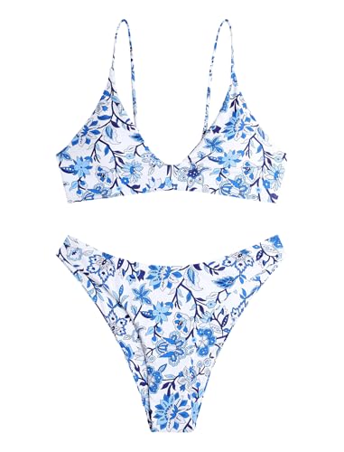 Image of ZAFUL Women's Tie Back Padded High Cut Bralette Bikini Set Two Piece Swimsuit