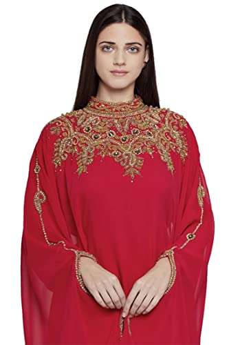 Aniiq Women Dubai Kaftan Farasha Caftan Long Maxi Dress Long Sleeves Ethnic, Bridal, Evening, Party, Dress With Free Scarf, Color- Red, Size- Free #TOP6