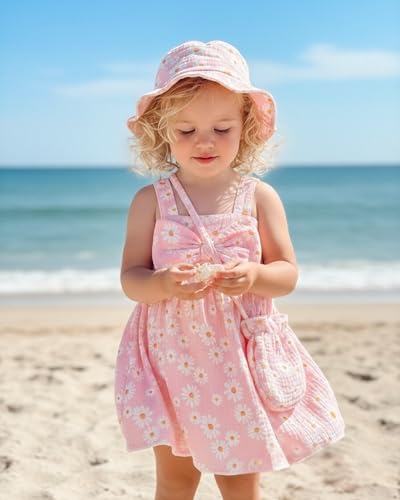 18 Month Girls Dresses Sleeveless Causal Summer Dress Toddler Girl Clothes 18-24 Months Big Bow Pink Daisy Flower Sun Dress with Hat Cute Floral 24 Month Girl Outfits