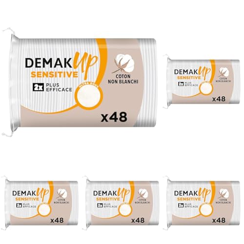 Demak'Up Sensitive Ovales Cotons à Démaquiller - Visage et Yeux - 100% Fibres de Coton Naturelles - 48 Cotons (Lot de 5)