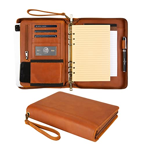 GZRHKJ A5 Genuine Leather Portfolio Notebook Binder, 6 Ring Binder Notebook Portfolio, Refillable Notebook A5 Planner Binder with Binder Pockets (Standard,Brown) by GZRHKJ - Used condition - US$55.53