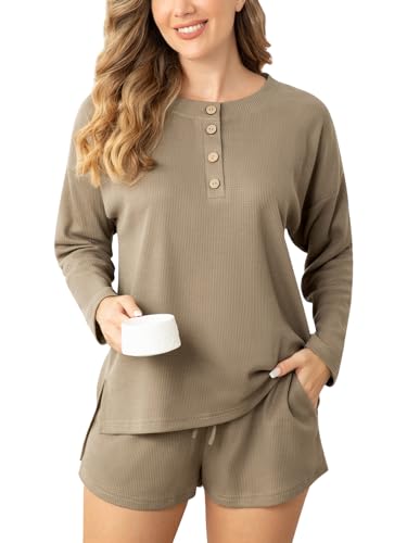 Pyjama gaufré femme ensemble homewear avec haut manches longues et short de nuit
