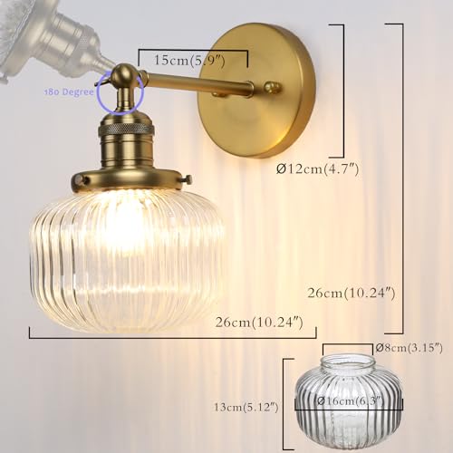 Image of PERMO Single Sconce Vintage Industrial Wall Sconce Light Fixture with Flate Globe Ribbed Shade for Bedroom Livingroom Bathroom (Brass Gold)