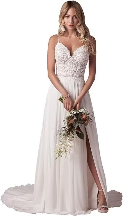 XEROGIA Chiffon A-line Beach Wedding Dresses 2024 Boho Lace Applique Bride Wedding Dresses US12 Ivory