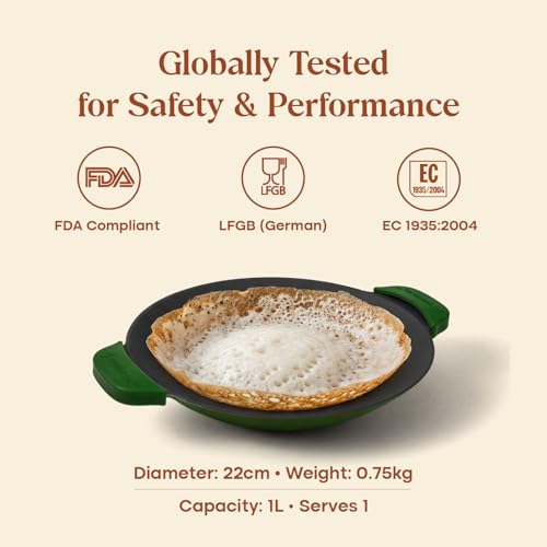 Image of CUMIN CO. Cast Iron Appam Pan | 22 cm | 5 Year Warranty | Non Toxic Non Stick Appachetty Pan | Chemical Free Coating | No Seasoning Needed | Green