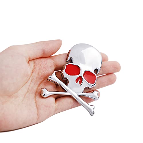 Image of 3D Skeleton Skull Emblem Car Side Rear Front Hood Trunk Door Fender Bumper Tail Box Car Motorcycle Personality Decoration Metal Badge Decal Sticker (1 PCS, Silver Red)