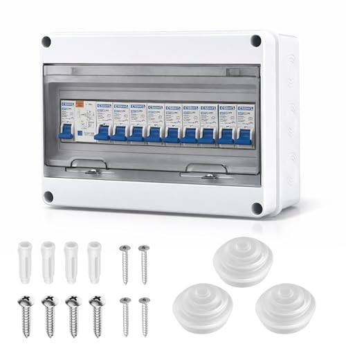 9 Way Consumer Unit Circuit Breaker: Plastic Anti-Leakage Fuse Box IP65 Waterproof Garage Consumer Unit for Garage Workshop Caravan Outbuilding 4 x 10 A + 3 x 16 A + 2 x 20A