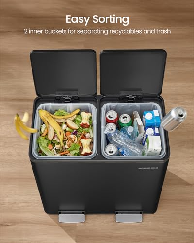 Image of SONGMICS Trash Can, Double Compartment Garbage Can, Stainless Steel | 2 X 8 Gallon (2 x 30 L) for Recycling, with 15 Liner Bags, Soft-Close Lids, Removable Buckets, Black ULTB160BZ01