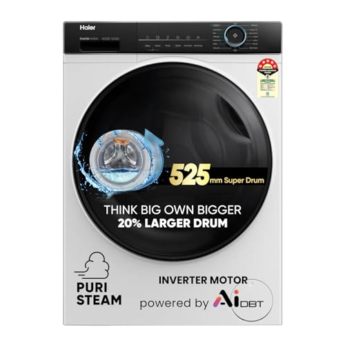Haier 8 kg 5 Star Powered by AI-DBT with PuriSteam, 525mm Super Drum Fully Automatic Front Load Washing Machine (HW80-IM12929C, Inverter with In-Built Heater, White)