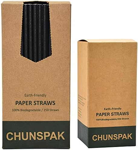 Black Paper Straws, Solid black/250 Bulk, Biodegradable Paper Drinking Straws for Cocktail, Drinks, Bars and Restaurant, 7.75"x0.24"