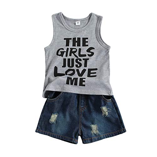 Okbabeha Kids Toddler Boy Summer Clothes Funny Letter Vest Tank Top Denim Shorts Jeans Shorts 2 Piece Outfits(The Girl Just Love Me/Grey, 12-18 Months)