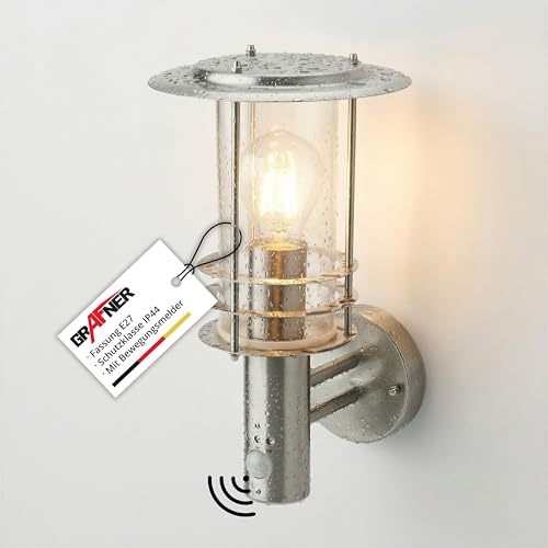 Grafner Design Edelstahl Wandlampe mit Bewegungsmelder, 1x E27 Fassung, IP44, 360° rundum Lichtschein, für außen und innen, Wandleuchte Lampe Außen Hoflampe PIR