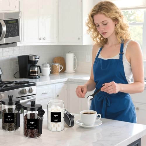 Image of Suclain 3 Pcs Glass Coffee Container Set, 25 oz, Black Bamboo | Coffee Tea Sugar Canister Set, Airtight Jar Food Storage with Wood Spoon Tray Labels, Kitchen Counter Bar Organization