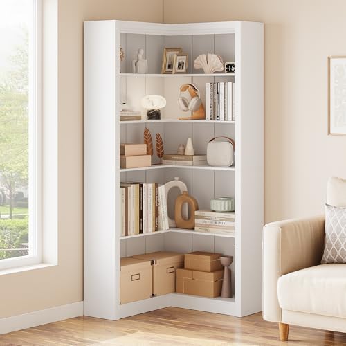 GarveeHome Corner Bookshelf, 71.8'' Farmhouse Corner Bookcase, L-Shaped Bookshelf Large Bookcase, 5 Tier Display Shelf Heavy Duty Bookcases, Bookshelves with Storage (White)