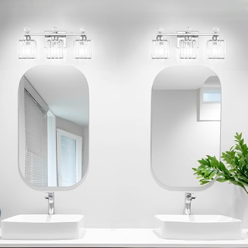 Image of Lxybcce 18.8 Inch Bathroom Vanity Light with Clear Crystal Shades, 3-Light Chrome Modern Fixture for Mirror, Easy Installation & Dimmable Lighting, Shadow-Free Illumination for Bathroom Mirror Decor