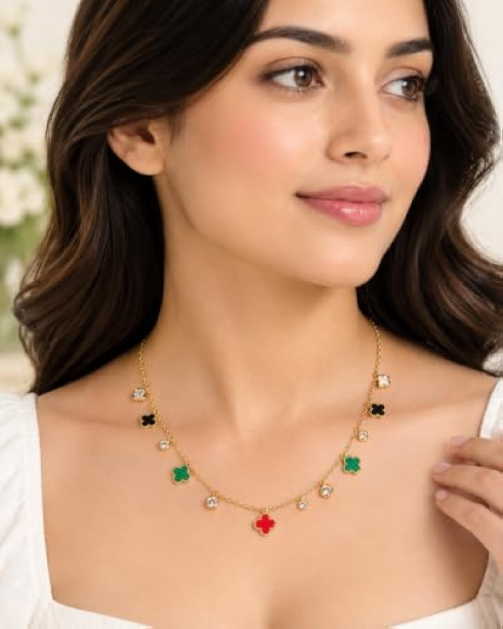 Four Leaf Clover Charm Necklace with Crystal Accents, Gold-Plated