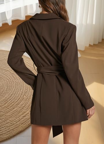 Womens Breasted Blazer Dress Notched Lapel Long Sleeve Business Professional Blazer Dress with Belt Women's V Neck Coat Dress4