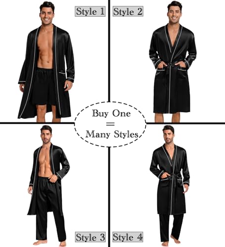 Image of SWOMOG Mens 3 PCS Satin Robe with Pants & Shorts Set Kimono Bathrobe Long Sleeve Sleepwear Pjs Sets with Pockets