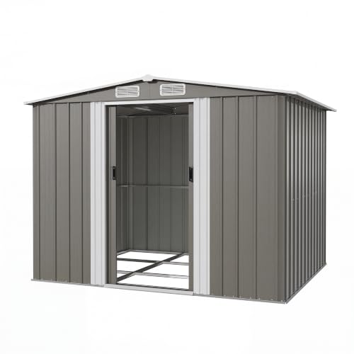 Image of JUMMICO 8x7ft Metal Garden Shed, Large Outdoor Storage for Tools, Bikes Lawnmowers, Double Sliding Doors, Weatherproof Ventilated, Multi-Purpose Shelter for Garden, Patio Backyard,Gris