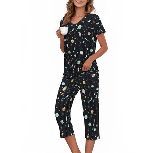 Image of American Trends Womens Pajama Sets with Capri Pants, Soft Cotton Blend Lounge PJs Sets V Neck 2 Piece S-3XL 1 Pack