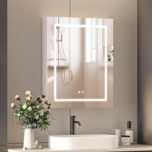 Mepplzian Spiegelschrank mit Beleuchtung und Steckdose, Wandschrank mit Rasiersteckdose, LED-Spiegelschrank 60 cm breit, 3 Farben, Steckdosen und USB-Anschluss, 60 x 76 x 13 cm