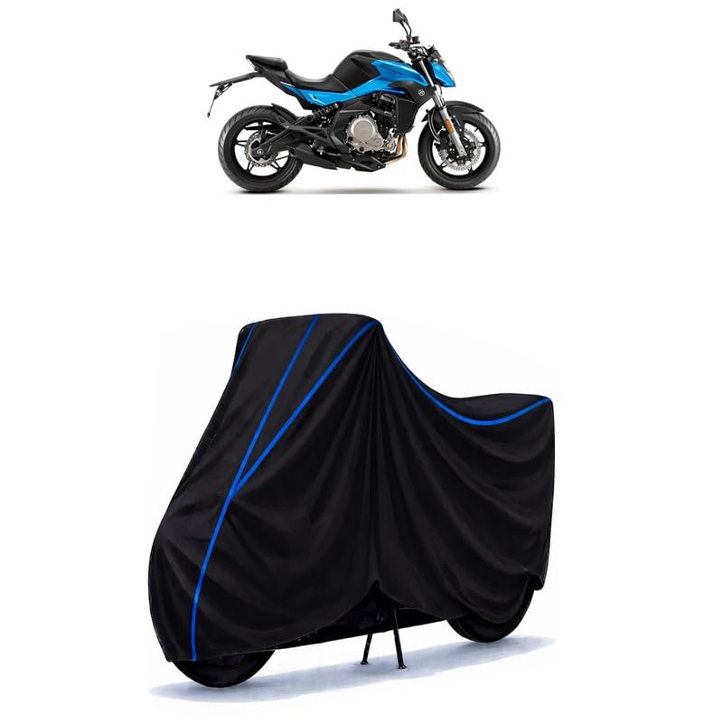 Image of CFMoto 650 NK Bike Cover Water Resistant Universal Motorcycle Rain | Heavy Duty UV Protection, Dust, Scratch Indoor Outdoor All Weather with Black Blue Piping Elastic