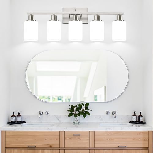 Image of Indoi 5-Light Bathroom Light Fixtures, Brushed Nickel Modern Vanity Lights with Milky White Shades, Bathroom Wall Lamp for Mirror Living Room Cabinet Bedroom Porch