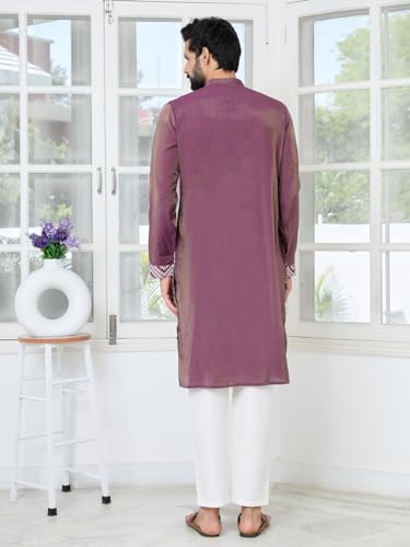 Image of See Designs Men's Full Sleeve Mandarin Collar Floral Embroidered Mandarin Collar Thread Work Straight Long Kurta with Pyjama - Festive Collection