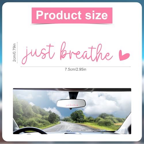 Image of 6pcs Just Breathe Rearview Mirror Stickers, Adorable Car Rear View Mirror Decal Inspirational Vinyl Stickers Decorations for Men Women Funny Car Decor Accessories Gift (Pink)