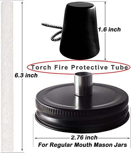 4 Pack Mason Jar Outdoor Tabletop Torch Kit Set, Fiberglass Wicks,Stainless Steel Lid with Outfire Cover Caps,6-inch High,for Patio Garden Party Table Decor Torch Lights (Black Lid)