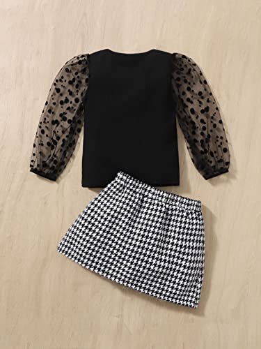 Wdirara Toddler Girl's 2 Piece Outfits Polka Dots Mesh Top And Houndstooth Print Skirt Set Black And White 9-12M #TOP1