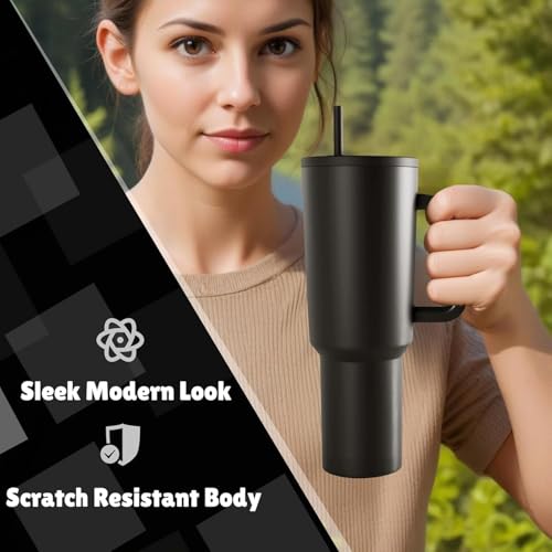 Image of Black Stainless Steel Tumbler with Handle 1200 ml, Straw & Cleaning Brush, Double Wall Leakproof Sipper Tumbler, Cup Holder Fit Travel Mug for Men Women, Portable Tumbler for Gym & Office