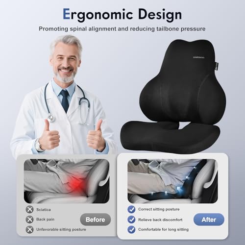 Image of Coverado Memory Foam Car Seat Cushion and Lumbar Support Pillow for Car, Ergonomic Office Chair Cushion for Lower Back Pain Relief, Breathable & Non-Slip for Car, Home, and Office Use, Black