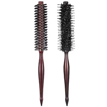 2 Pcs Small Boar Bristle Round Hair Brush Set, Wooden Handle with Nylon Pin for Women and Mens Fine, Thin Hair or Beards, Straightening Curling Volumizing and Detangling