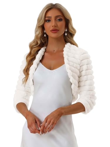 Allegra K Women's Bolero Jacket for Evening Dresses Wedding Open Front Cropped Fluffy Faux Fur Shrug X-Small White