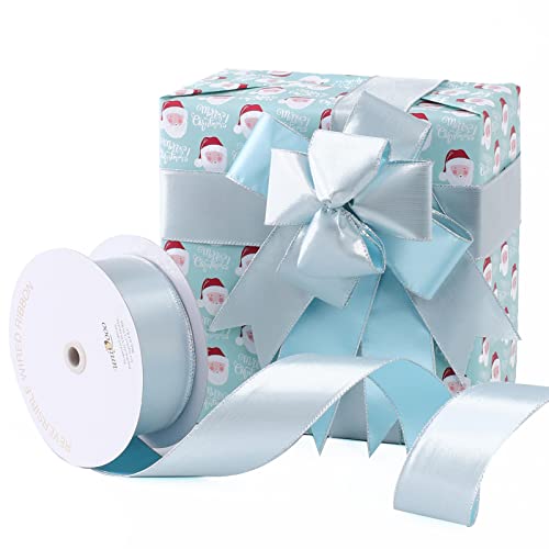 Uniqooo 2.5 Inch Wide 30 Yards, Decorative Easter Blue Silver Reversible Satin Wired Ribbon Roll, Double Sided 2 Colors For Gift Basket, Boxes Floral, Wreath Garland Gift Wrapping Decor Packaging #TOP4
