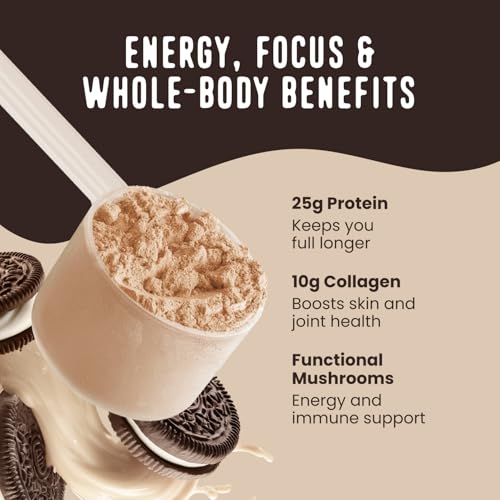 Image of FlavCity All in One Protein Shake Powder, Cookies and Cream - On the Go Meal Alternative + Collagen Peptides, Reishi & Cordyceps - Focus, Skin, Hair & Joint Support - 100% Grass Fed Whey, 20 Servings