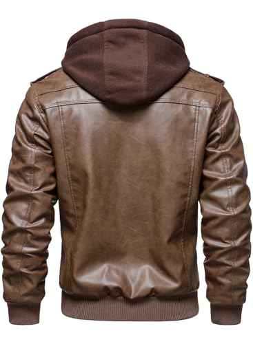 Image of HOOD CREW Men's Casual Stand Collar PU Faux Leather Zip-Up Motorcycle Bomber Jacket With a Removable Hood