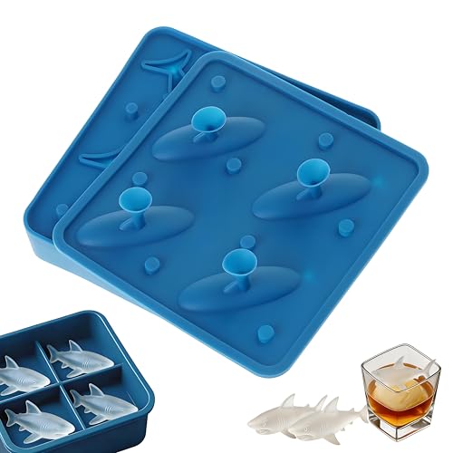 Shark Silicone Ice Mold Unique Slow-Melting Design Reusable Ice Cube Tray Flexible Ice Trays Easy Release Reusable and Stackable Perfect for Freezer Whiskey and Cocktail Ice (1 Blue)